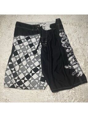 Micros Board Shorts Mens 33 Black White Geometric Surf Swim Trunks Lace Up